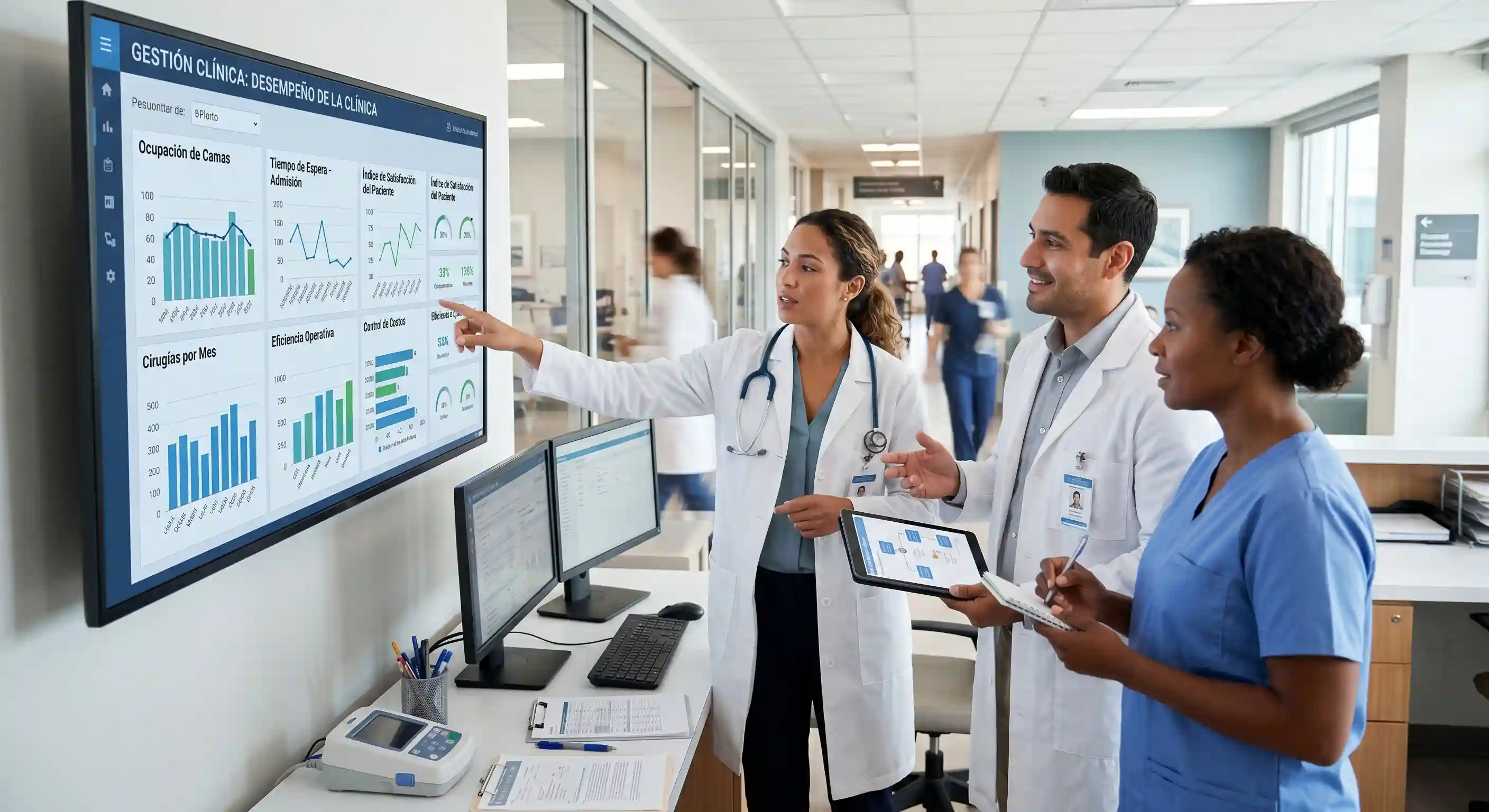 Equipo clínico revisando un dashboard de gestión con indicadores de la clínica